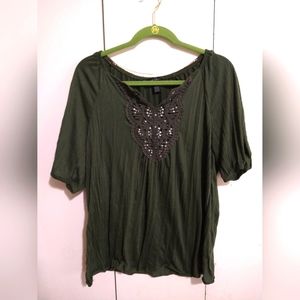 French Laundry Olive Green Top with Rhinestone and Stud Accents 1X